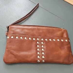 Brown Studded Leather Clutch Wristlet By ILI. SOFT LEATHER. Animal Print Inside.